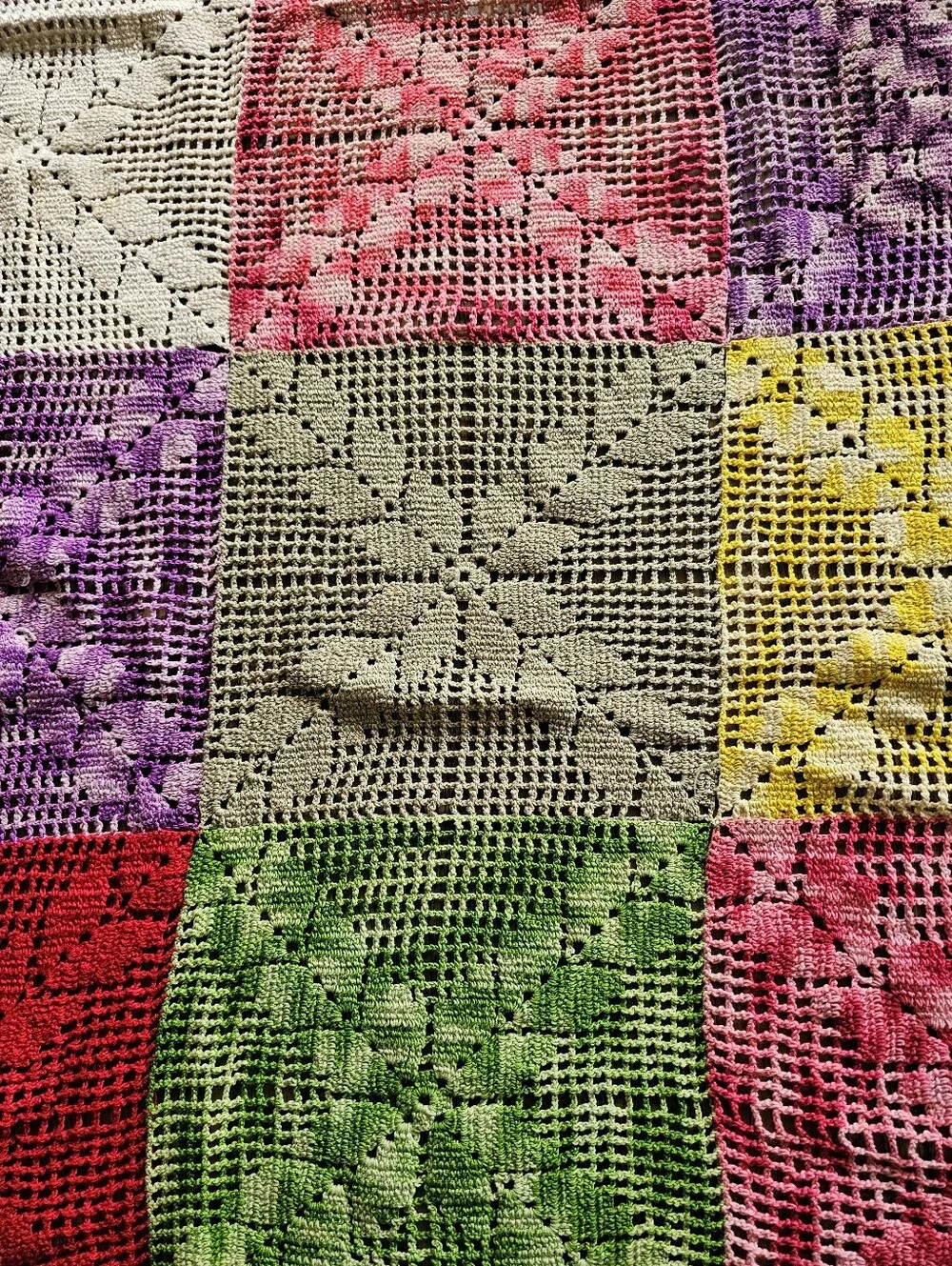 VINTAGE Handmade String Patchwork Diamond- In-Square Design Throw Blanket